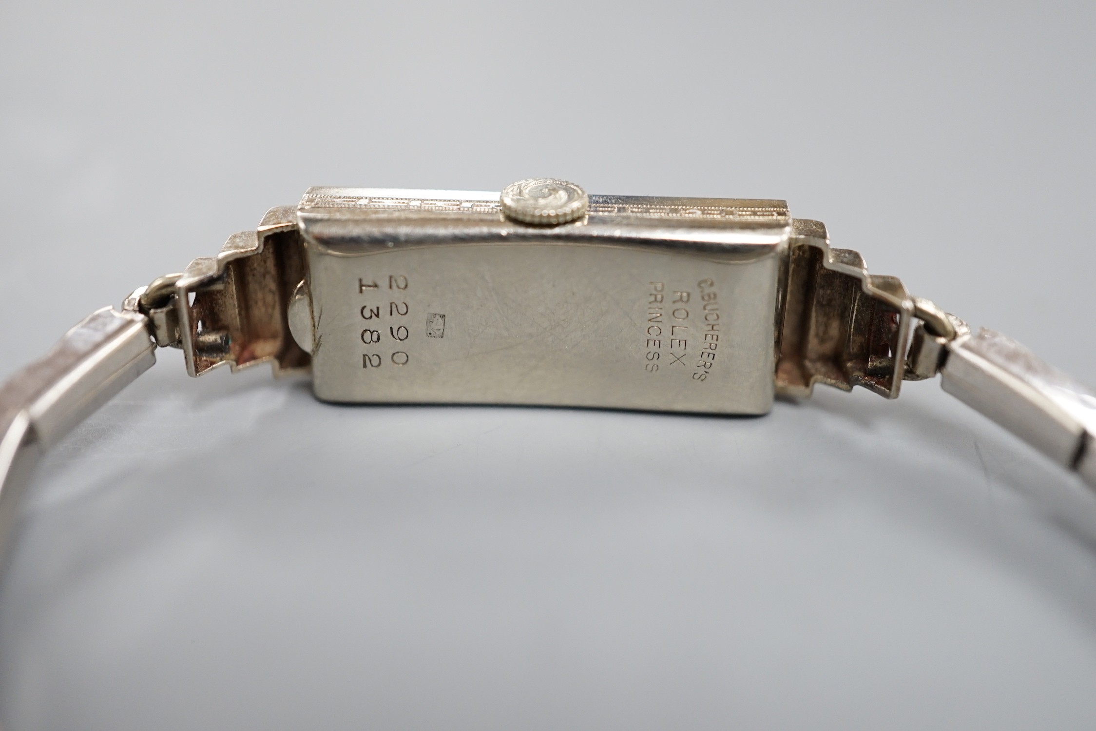 A lady's white metal and two stone diamond set C.R. Bucherer's Rolex Princess manual wind cocktail watch, case diameter 12mm.